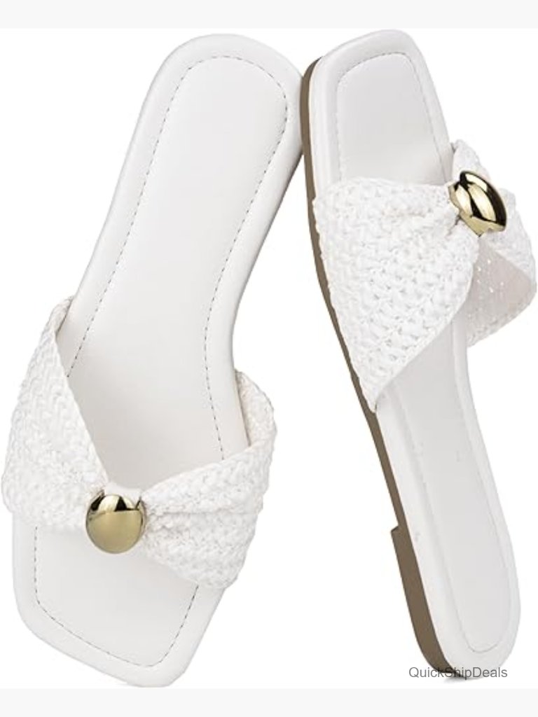 Raffia Woven Knot Slide Sandals With Faux Leather Footbed